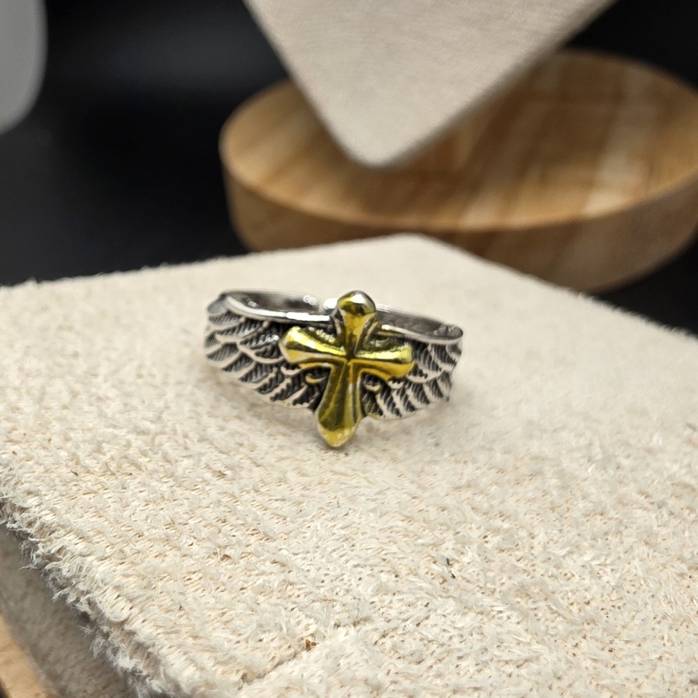 Silver Ring with Gold Cross Design (2177)
